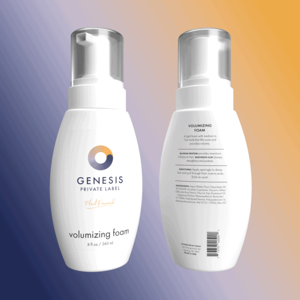 Front and back of a volumizing foam bottle from Genesis Private Label.