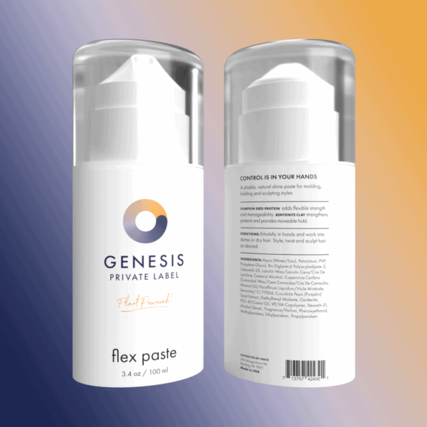 Front and back of the flex paste bottle from Genesis Private Label.
