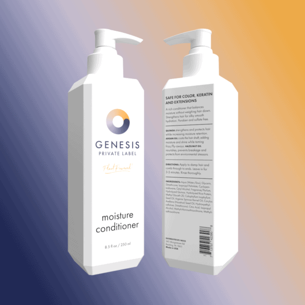 moisture conditioner pump bottles displaying the front and back of genesis private label branded bottles