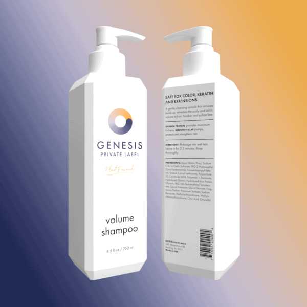 volume shampoo in white private label pump bottles, front and back
