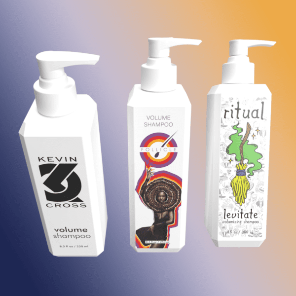 Three volumizing shampoo bottles from three different brands.