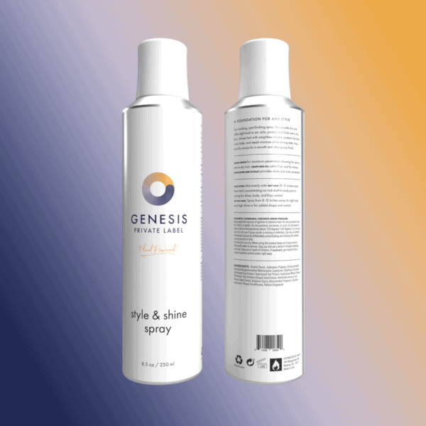 Front and back of a style & shine spray from Genesis Private Label.