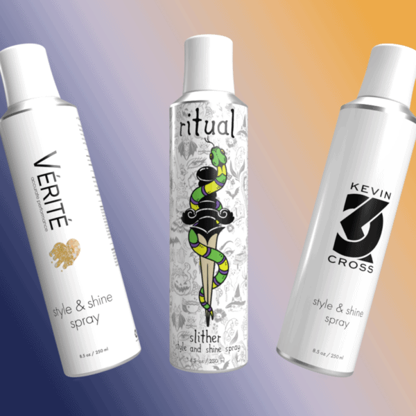 Three bottles of style and shine spray, each of a different brand.