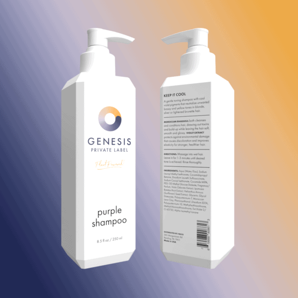 Front and back of a purple shampoo bottle from Genesis Private Label.