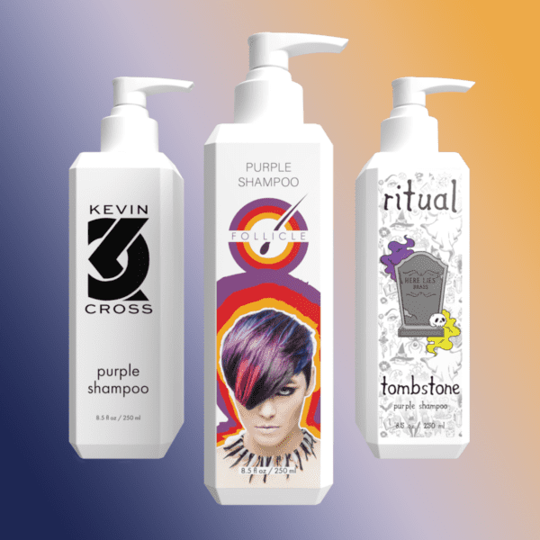 3 bottles of purple shampoo from different brands.